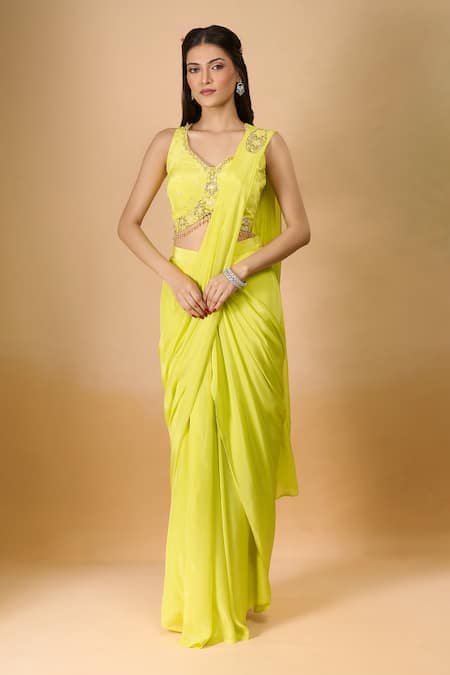 Ariyana By Aza Yellow Crepe Pre-Draped Saree With Blouse 