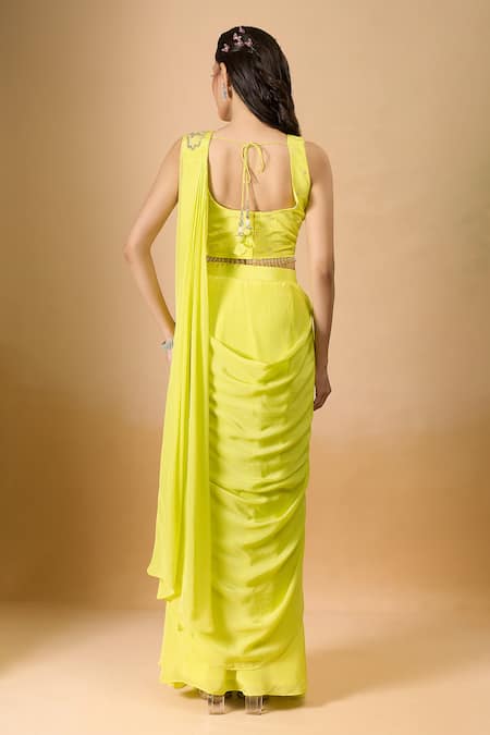 Ariyana By Aza Yellow Crepe Pre-Draped Saree With Blouse 
