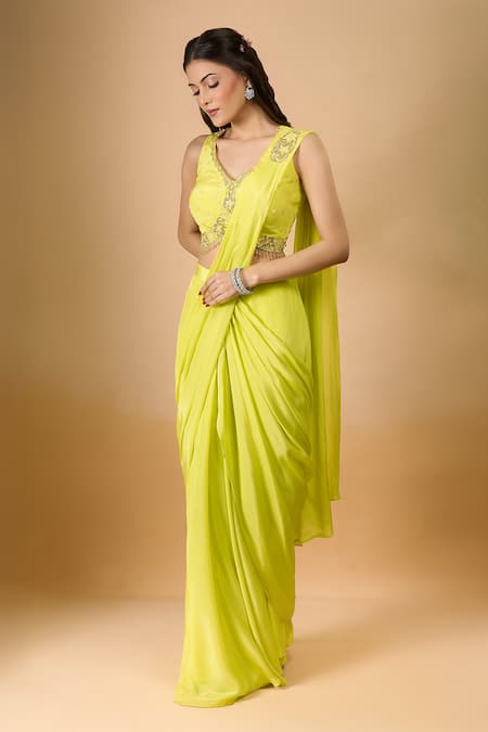 Aariyana Couture_Yellow Crepe Beads, Embroidery V-neck Pre-draped Saree With Blouse _Online_at_Aza_Fashions