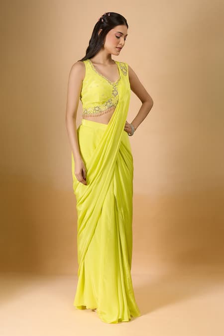Buy_Aariyana Couture_Yellow Crepe Beads, Embroidery V-neck Pre-draped Saree With Blouse _Online_at_Aza_Fashions