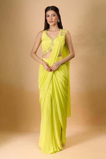 Shop_Aariyana Couture_Yellow Crepe Beads, Embroidery V-neck Pre-draped Saree With Blouse _Online_at_Aza_Fashions