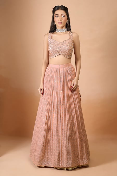 Aariyana Couture_Peach Silk, Georgette Beads, Sequins Plunge Neck Embroidered Lehenga Set_Online_at_Aza_Fashions
