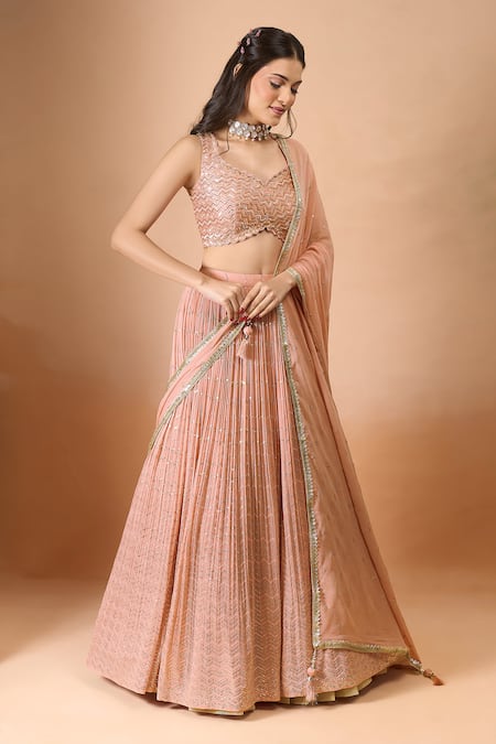 Buy_Aariyana Couture_Peach Silk, Georgette Beads, Sequins Plunge Neck Embroidered Lehenga Set