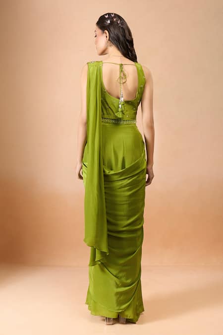 Aariyana Couture Green Crepe Pre-Draped Saree With Blouse 