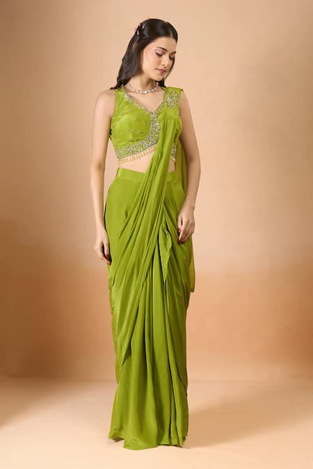 Buy Aariyana Couture Green Crepe Sequins, Beads, Embroidery V-neck Pre-draped Saree With Blouse Buy_Aariyana Couture_Green Crepe Sequins, Beads, Embroidery V-neck Pre-draped Saree With Blouse