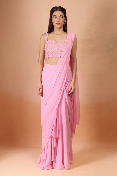 Buy Aariyana Couture Pink Georgette Beads, Sequins Sweetheart Neck Padded Pre-draped Saree Set Online at Aza Fashions Buy_Aariyana Couture_Pink Georgette Beads, Sequins Sweetheart Neck Padded Pre-draped Saree Set _Online_at_Aza_Fashions