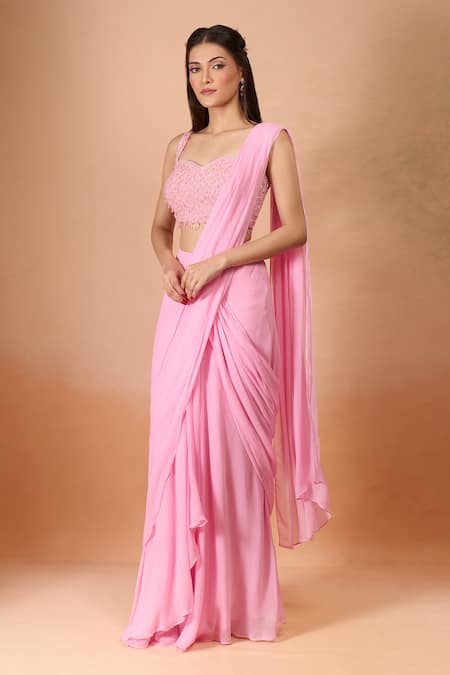 Shop Aariyana Couture Pink Georgette Beads, Sequins Sweetheart Neck Padded Pre-draped Saree Set Online at Aza Fashions Shop_Aariyana Couture_Pink Georgette Beads, Sequins Sweetheart Neck Padded Pre-draped Saree Set _Online_at_Aza_Fashions