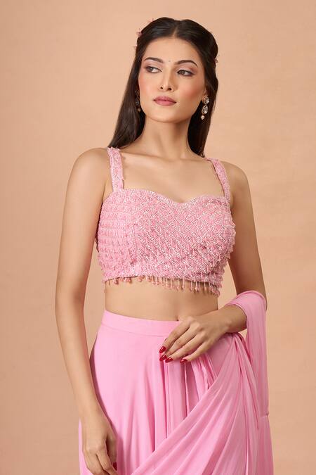 Buy Aariyana Couture Pink Georgette Beads, Sequins Sweetheart Neck Padded Pre-draped Saree Set Buy_Aariyana Couture_Pink Georgette Beads, Sequins Sweetheart Neck Padded Pre-draped Saree Set