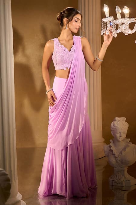 Aariyana Couture Lavender Pre-Draped Saree & Blouse Set 