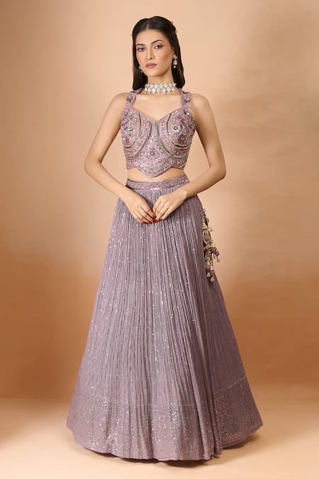 Buy_Aariyana Couture_Purple Georgette, Silk Sequins, Embroidery, Beads Padded Embellished Lehenga Set 