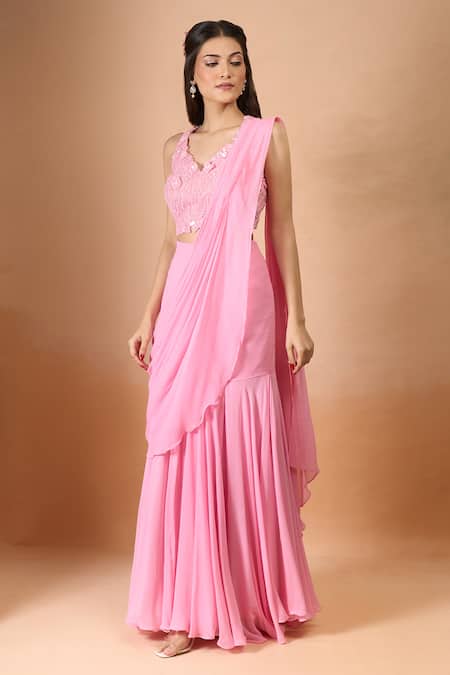 Aariyana Couture_Pink Georgette Sequins, Embroidery V-neck Pre-draped Saree And Blouse Set _at_Aza_Fashions