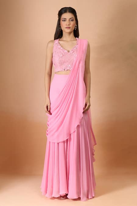 Buy_Aariyana Couture_Pink Georgette Sequins, Embroidery V-neck Pre-draped Saree And Blouse Set 