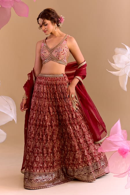 Samyukta Singhania Maroon Brocade, Silk Embroidery Round Neck Hand Lehenga Set 