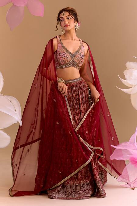 Buy_Samyukta Singhania_Maroon Brocade, Silk Embroidery Round Neck Hand Lehenga Set _Online_at_Aza_Fashions