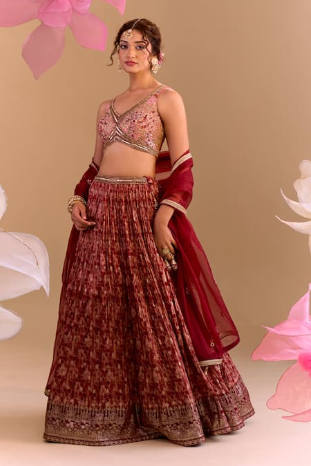 Shop_Samyukta Singhania_Maroon Brocade, Silk Embroidery Round Neck Hand Lehenga Set _Online_at_Aza_Fashions