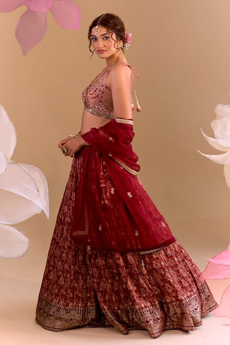 Samyukta Singhania_Maroon Brocade, Silk Embroidery Round Neck Hand Lehenga Set _at_Aza_Fashions