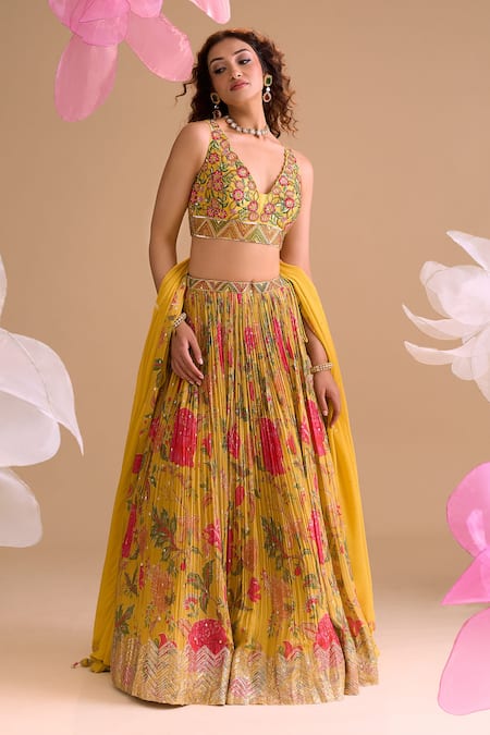 Samyukta Singhania Yellow Floral Hand Embroidered Lehenga Set