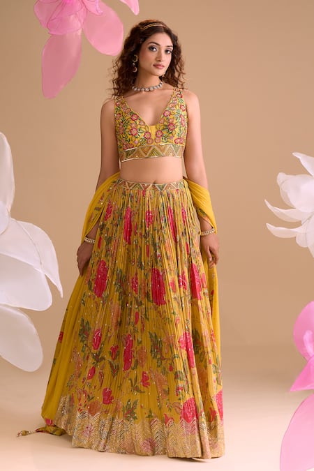 Buy_Samyukta Singhania_Yellow Chiffon, Silk, Georgette Embroidery V-neck Floral Hand Lehenga Set _Online_at_Aza_Fashions