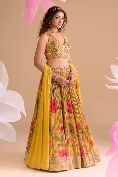 Shop_Samyukta Singhania_Yellow Chiffon, Silk, Georgette Embroidery V-neck Floral Hand Lehenga Set _Online_at_Aza_Fashions