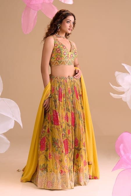 Samyukta Singhania_Yellow Chiffon, Silk, Georgette Embroidery V-neck Floral Hand Lehenga Set _at_Aza_Fashions