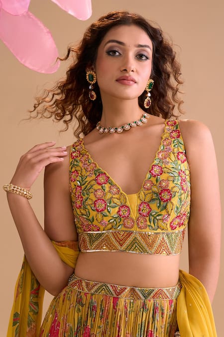 Shop_Samyukta Singhania_Yellow Chiffon, Silk, Georgette Embroidery V-neck Floral Hand Lehenga Set 