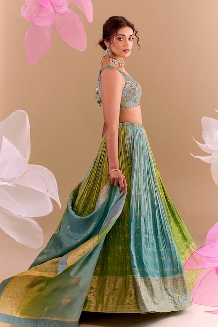 Buy_Samyukta Singhania_Blue Silk, Brocade Embroidery Round Neck Hand Lehenga Set _Online_at_Aza_Fashions