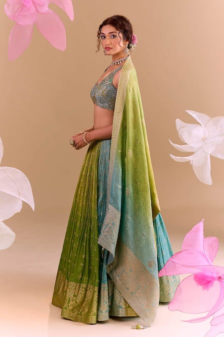 Shop_Samyukta Singhania_Blue Silk, Brocade Embroidery Round Neck Hand Lehenga Set _Online_at_Aza_Fashions