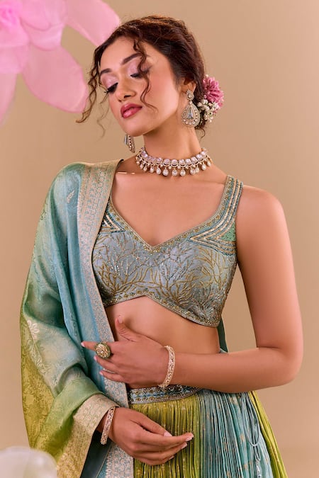 Samyukta Singhania_Blue Silk, Brocade Embroidery Round Neck Hand Lehenga Set _at_Aza_Fashions