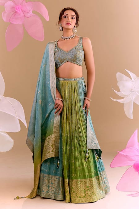Samyukta Singhania_Blue Silk, Brocade Embroidery Round Neck Hand Lehenga Set _Online_at_Aza_Fashions