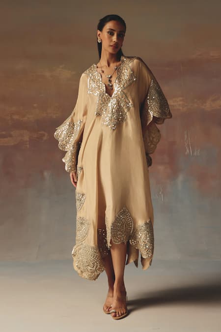 Twenty Nine Peach Tissue, Organza Mirrors V-neck Kaftan 