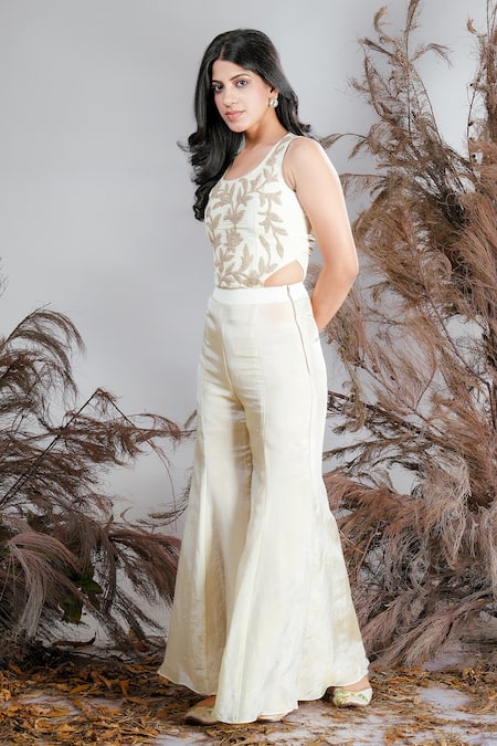 Rirasa_Ivory Tissue Beads, Embroidery Scoop Neck Kamini Top And Sharara Pant Set _Online_at_Aza_Fashions