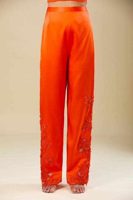 Anamika Khanna_Orange Silk, Satin Embroidery Asymmetric Coral One Shoulder Tunic And Pant Set _Online_at_Aza_Fashions