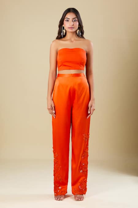 Buy_Anamika Khanna_Orange Silk, Satin Embroidery Asymmetric Coral One Shoulder Tunic And Pant Set _Online_at_Aza_Fashions