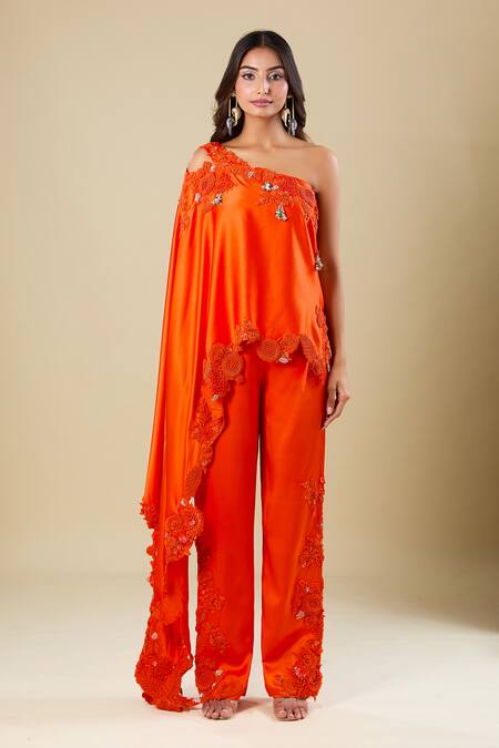 Shop_Anamika Khanna_Orange Silk, Satin Embroidery Asymmetric Coral One Shoulder Tunic And Pant Set _Online_at_Aza_Fashions