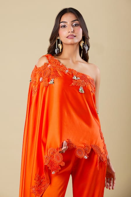 Anamika Khanna_Orange Silk, Satin Embroidery Asymmetric Coral One Shoulder Tunic And Pant Set _at_Aza_Fashions