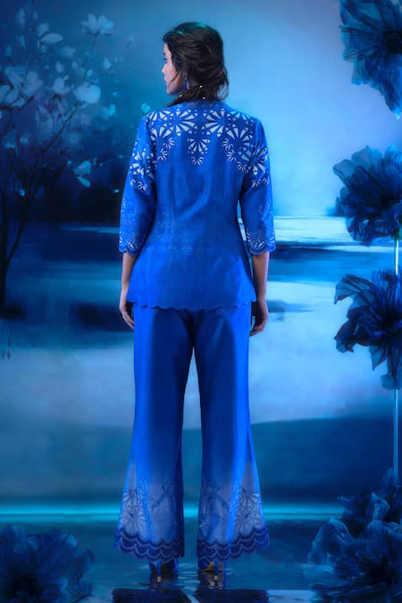 Mandira Wirk - Indian Indigo Blue Chanderi Designer Jacket Set 