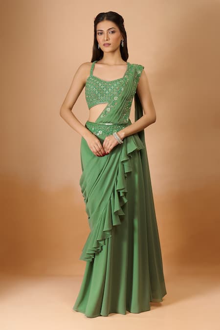 Aariyana Couture Green Georgette Sequins, Embroidery, Beads Plunge Pre-draped Saree With Blouse 