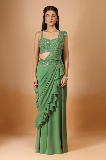 Buy Aariyana Couture Green Georgette Sequins, Embroidery, Beads Plunge Pre-draped Saree With Blouse Online at Aza Fashions Buy_Aariyana Couture_Green Georgette Sequins, Embroidery, Beads Plunge Pre-draped Saree With Blouse _Online_at_Aza_Fashions