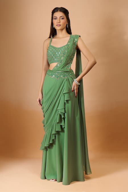 Shop Aariyana Couture Green Georgette Sequins, Embroidery, Beads Plunge Pre-draped Saree With Blouse Online at Aza Fashions Shop_Aariyana Couture_Green Georgette Sequins, Embroidery, Beads Plunge Pre-draped Saree With Blouse _Online_at_Aza_Fashions