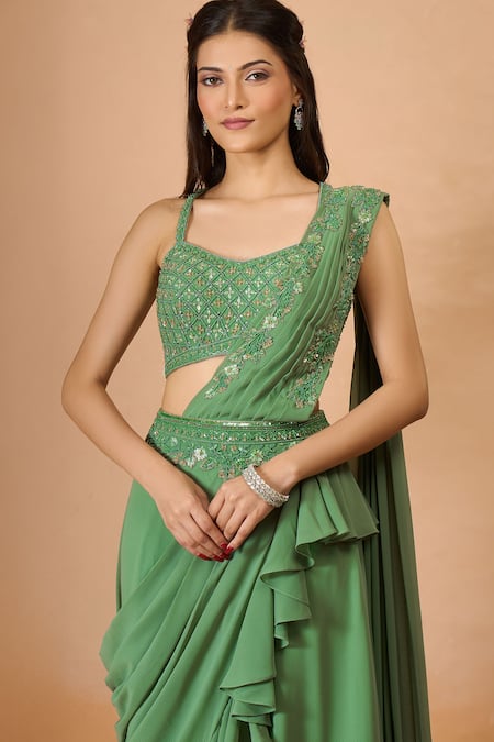 Aariyana Couture Green Georgette Sequins, Embroidery, Beads Plunge Pre-draped Saree With Blouse at Aza Fashions Aariyana Couture_Green Georgette Sequins, Embroidery, Beads Plunge Pre-draped Saree With Blouse _at_Aza_Fashions