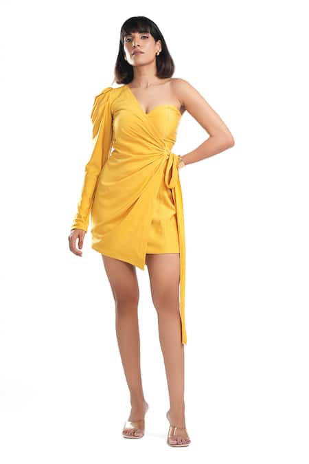 Ahi Clothing X AZA Daisy Sunglow Yellow One Shoulder Mini Dress 