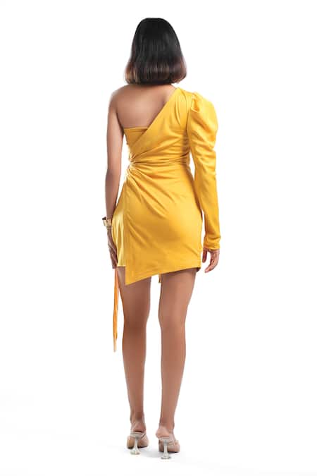 Shop Ahi Clothing X AZA Yellow Satin, Crepe One Shoulder Daisy Sunglow Mini Dress at Aza Fashions Shop_Ahi Clothing X AZA_Yellow Satin, Crepe One Shoulder Daisy Sunglow Mini Dress _at_Aza_Fashions