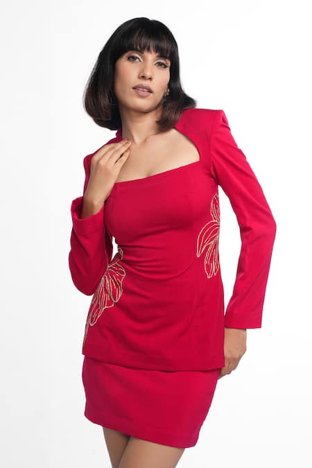 Buy_Ahi Clothing X AZA_Red Satin, Crepe Embroidery Square Neck Rosette Crimson Coat And Mini Skirt Set _Online_at_Aza_Fashions