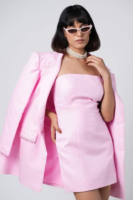 Ahi Clothing X AZA_Pink Cotton, Crepe Bandeau Merly Gingham Mini Oversized Coat And Dress Set _at_Aza_Fashions