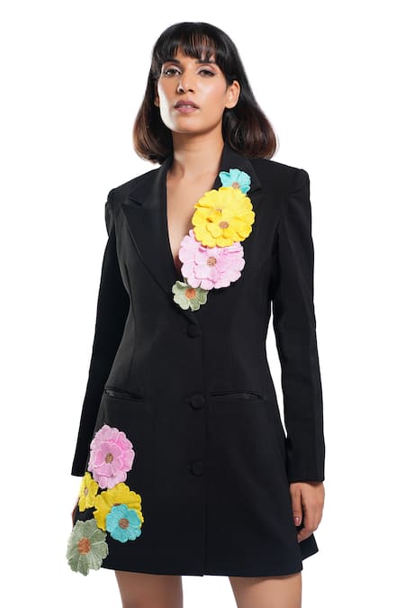Ahi Clothing X AZA_Black Fabric Flowers V-neck Willow Bloom 3d Coat Dress _at_Aza_Fashions