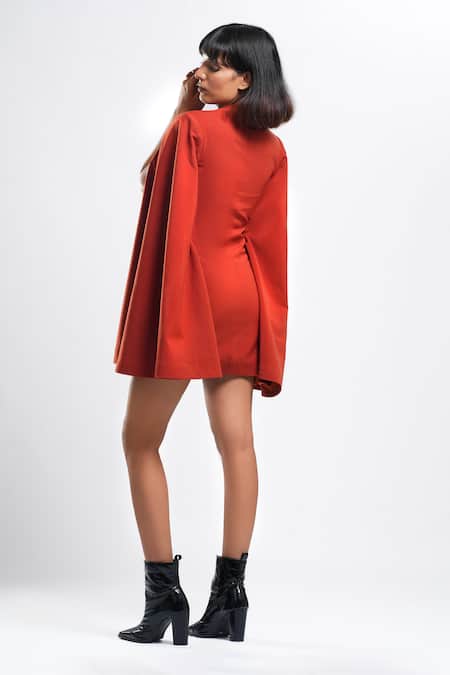Shop Ahi Clothing X AZA Rust Satin, Crepe V-neck Tangerine Mahogany Tux Cape Jacket Dress at Aza Fashions Shop_Ahi Clothing X AZA_Rust Satin, Crepe V-neck Tangerine Mahogany Tux Cape Jacket Dress _at_Aza_Fashions