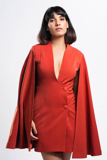 Buy Ahi Clothing X AZA Rust Satin, Crepe V-neck Tangerine Mahogany Tux Cape Jacket Dress Online at Aza Fashions Buy_Ahi Clothing X AZA_Rust Satin, Crepe V-neck Tangerine Mahogany Tux Cape Jacket Dress _Online_at_Aza_Fashions
