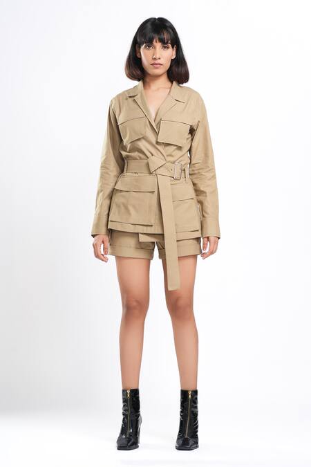 Ahi Clothing X AZA Beige Cotton Collared Zest Khakhi Jacket And Shorts Set Online at Aza Fashions Ahi Clothing X AZA_Beige Cotton Collared Zest Khakhi Jacket And Shorts Set _Online_at_Aza_Fashions