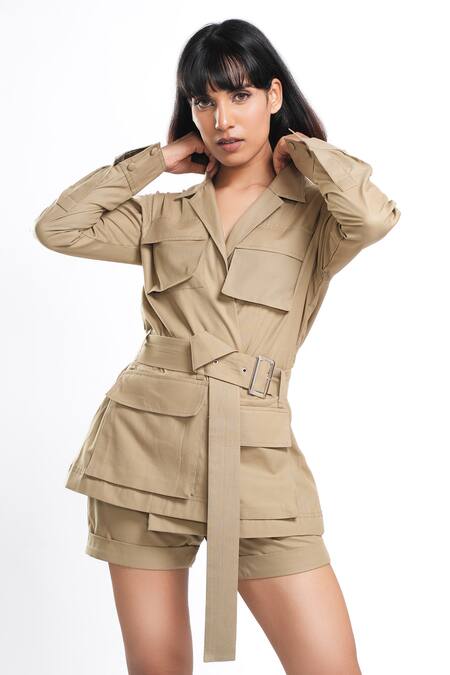 Buy Ahi Clothing X AZA Beige Cotton Collared Zest Khakhi Jacket And Shorts Set Online at Aza Fashions Buy_Ahi Clothing X AZA_Beige Cotton Collared Zest Khakhi Jacket And Shorts Set _Online_at_Aza_Fashions