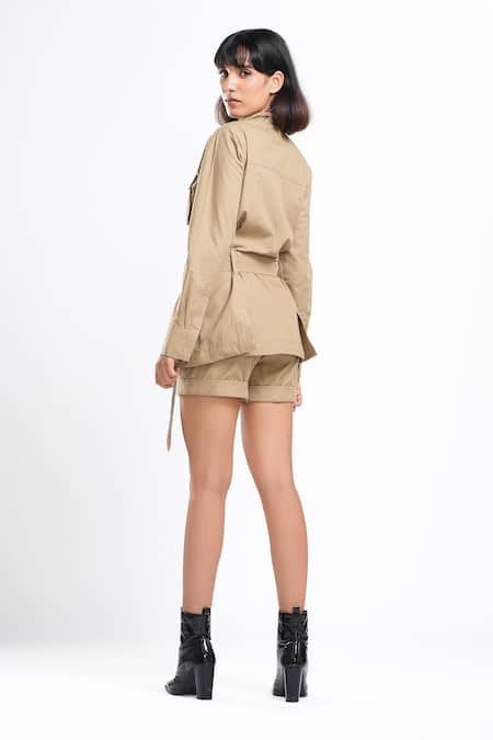 Shop Ahi Clothing X AZA Beige Cotton Collared Zest Khakhi Jacket And Shorts Set at Aza Fashions Shop_Ahi Clothing X AZA_Beige Cotton Collared Zest Khakhi Jacket And Shorts Set _at_Aza_Fashions